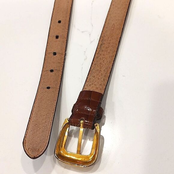 Leather Patchwork Reptile and Croc Embossed Belt Goldtone Buckle Size M - Picture 6 of 13